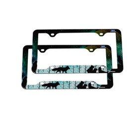 FantasHome Stainless Metal Car License Plate Frame Covers with 4 Holes - 2 Pack with Unique Designs, Standard Size for U.S. and Canada (Wolf)