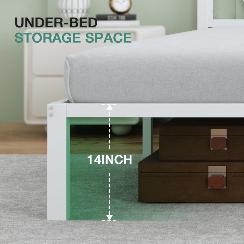 Novilla 14 Inch Full Size Bed Frame with Headboard, White