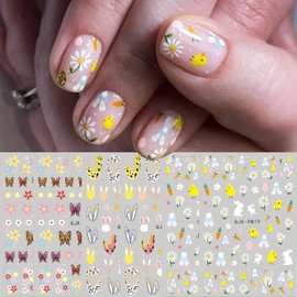 6 Sheets Easter Nail Art Stickers Spring 3D Self-Adhesive Nail Decals Cute Bunny Flower Designs Nail Decorations Floral Daisy Butterfly DIY Nail Supplies Easter Nail Accessories for Women Kids