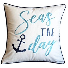 DECOPOW Embroidered Seas The Day Throw Pillow Cover,Square 18 inches Decorative Canvas Pillow Cover with Seas The Day Pattern,Cover Only