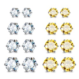 JewelrieShop Earrings for Women Studs Set Stainless Steel CZ Earing Hypoallergenic Multiple Piercing Ear Stud (8 pairs,4-8mm,White,Yellow CZ)