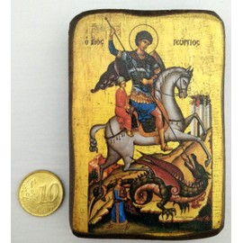 Wooden Greek Christian Orthodox Wood Icon of Saint George Riding His Horse and Slaying The Beast / A0
