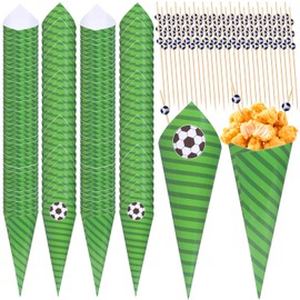 190Pcs Soccer Popcorn Cones Cups Kit, Soccer Disposable Food Cones with 100Pcs Cocktail Picks, Soccer Party Supplies Kit for Appetizer, Finger Food, Snack, Wedding Catering