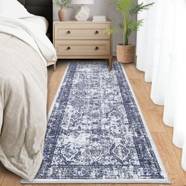 LUXLOOM Washable Runner Rug 2x6 Runner Vintage Rug Non Slip Kitchen Rug Oriental Low Pile Entryway Rug Soft Bathroom Rugs Stain Resistant Carpet for Bedroom Hallway Laundry 2'x6' Blue/Grey