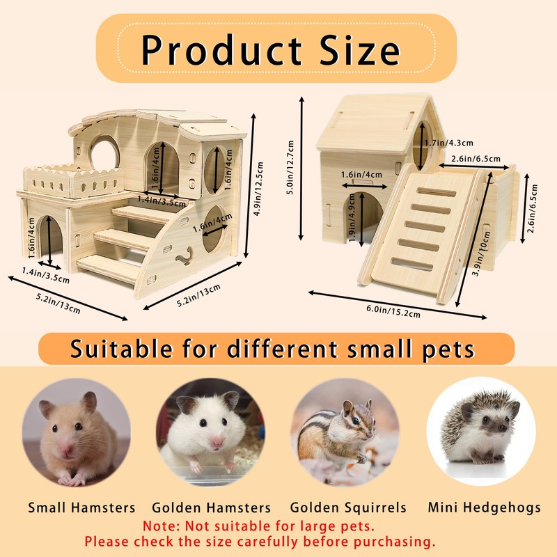 Wood Hamster House Set of 2 Tiny Wooden Hideout Castle