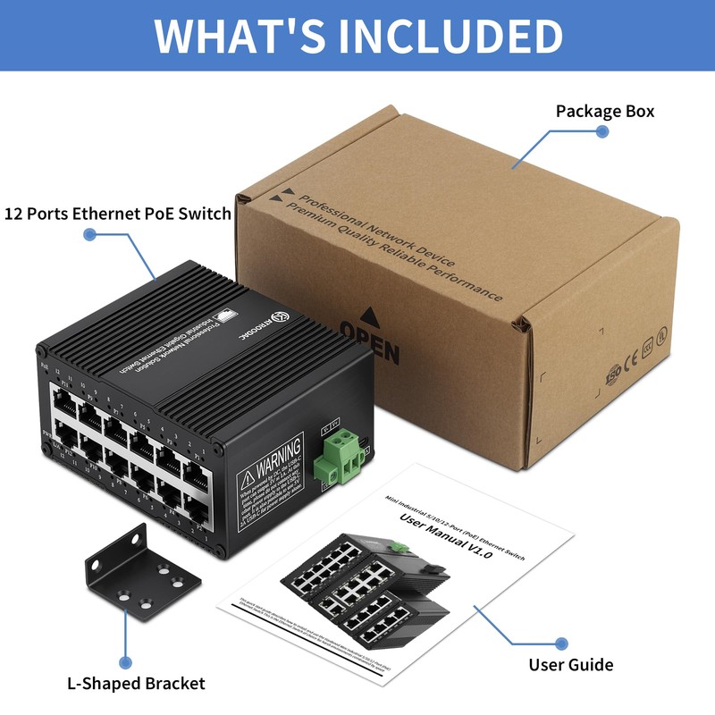ATROODAC Industrial 12 Port Gigabit PoE Switch, DC 12-48V to