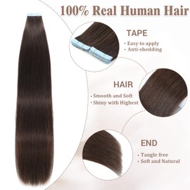 Tape in Hair Extensions Human Hair 18 Inch Dark Brown 20pcs 50g/pack Straight Seamless Weft Skin Invisible Thick Human Hair Tape in Extensions for Women (#2, 18 Inch)
