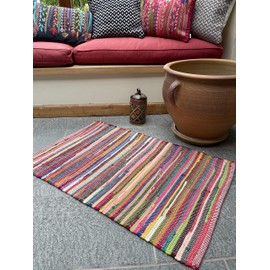 Second Nature Online Small Rainbow Eco Friendly Chindi Rag Rug Hand Loomed in Flat Weave Style with Multi Colour Recycled Fabric Strips 60 cm x 90 cm