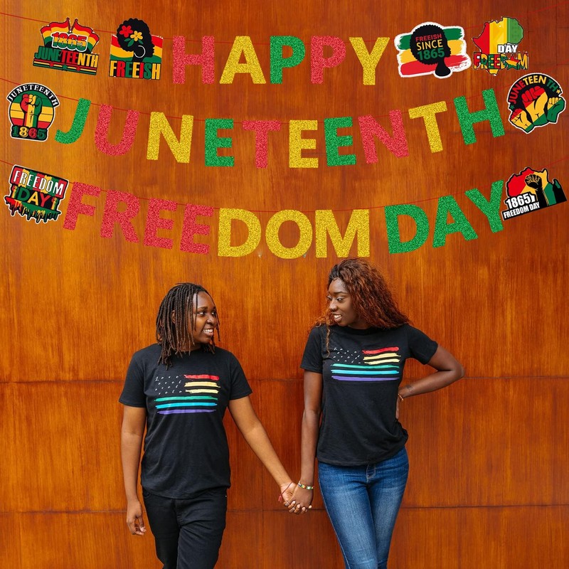 Pre-Strung Happy Juneteenth Freedom Banner Decorations for Party, Glitter Juneteenth