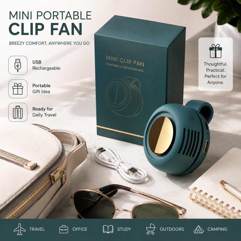 Mini Clip-On Portable Fan for Daily Cooling – Bladeless 3-Speed