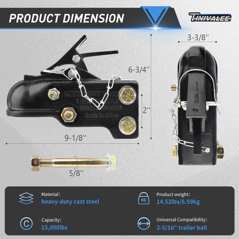 Tinivalee 2-5/16" Adjustable Trailer Coupler Heavy Duty Channel-Mount, Capacity 15000LBS