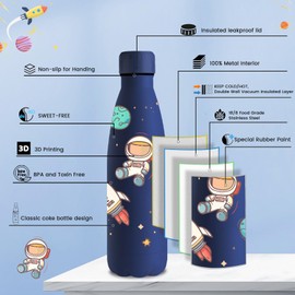 Vikastar Stainless Steel Water Bottle, 500 ml, BPA-Free Drinking Bottle, 3D Printed Thermos Flask, Leak-Proof Water Bottle for School, Bike, Camping, Fitness, Dark Blue Astronaut
