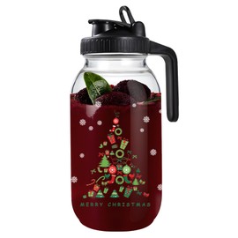 Mason Jar Pitcher, 64 OZ Glass Pitcher with Lid Double Leak-proof with Handle Water Jug Wide Mouth Breast Milk Pitcher Fridge Container for Water, Juice, Iced Coffee, Tea, Juice （Christmas tree）