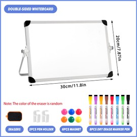 Dry Erase Small Whiteboard, A4 Mini White Board 20x30cm Double Sided Whiteboard with Stand, Magnetic Desktop White Board with 8 Pens, 6 Magnets, 2 Pen Holder,1 Eraser for Kids School Home Office