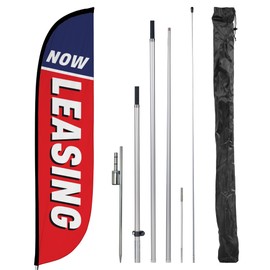 LookOurWay Feather Flag Pole Kit - 12 Feet Tall Advertising Flag Banner with Fiberglass Pole Kit and Ground Spike for Business Promotion - Now Leasing Red White Blue