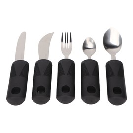 5pcs Elderly Adaptive Utensils Black Rubber Handle Stainless Steel Knife Fork Spoons for Hand Tremors Arthritis