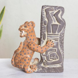 NOVICA Handmade Ceramic Sculpture Pre Hispanic Museum Replica Grey Orange Mexico Animal Themed Archaeological Wild Cat [7.5in H x 6.25in W x 3.1in D] 'Olmeca Jaguar with Human'