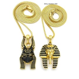 Shiny Jewelers USA Mens Ancient Egyptian Anubis Pharaoh Ankh Cross Hip Hop Pendant Box Chain Necklace Set (Anubis, Pharaoh Set)