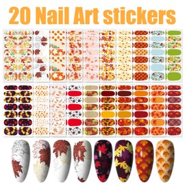 WOKOTO 20 Sheets 280 Pieces Fall Nail Stickers Thanksgiving Full Wrap Nail Decal Autumn Maple Leaf Nail Polish Sticker Self Adhesive Nail Polish Strip with Nail Files for Women Girls Nail Wraps