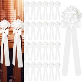 24 Set Wedding Aisle Decorations for Ceremony Chairs with Ribbon Bows and Artificial White Hydrangea Wedding Chair Pew Decorations for Bridal Shower Party Bench Aisle