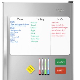 HOMiDEK Magnetic Dry Erase Board: Small Fridge Whiteboard, Flexible Refrigerator Magnet White Board, Blank Writing Note Sheet with Dishwasher Magnet Clean Dirty Sign, 4 Markers & Eraser - 20 x 13