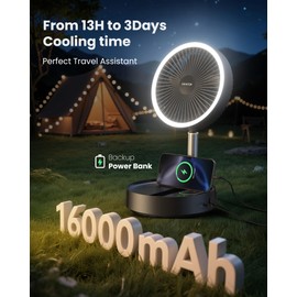 Gaiatop Portable Pedestal Fan 16000mAh Battery [Max 74h Runtime], Foldable Oscillating Standing Fan, Collapsible Desk Fans, LED Light, Case & Remote Control, 4 Speeds for Outdoor Travel Camping Office