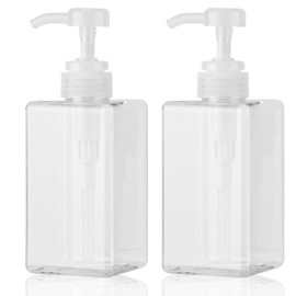 450ml Pump Bottle Dispenser Jansburg 2Pack Refillable Square Plastic Lotion Dispenser Empty Lotion Pump Bottle for Essential Oil Soap Lotion Shampoo, Bathroom/Kitchen/Travel Clear
