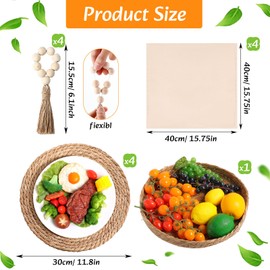 Gandeer 4 Sets Boho Placemats Round Woven Placemats, Cloth Napkins, Wood Bead Napkin Rings, Long Table Runner and Farmhouse Rustic Placemats Natural Burlap Cotton for Kitchen Dining Table Home