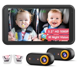 LUCKVIEW BM2 PRO Dual Baby Car Camera, 5.2" 1080P HD Display for Rear-Facing Car Seats, IR Night Vision, Anti-Shake Mount, Easy Install – Ideal for Parents with 2 Kids and Pets