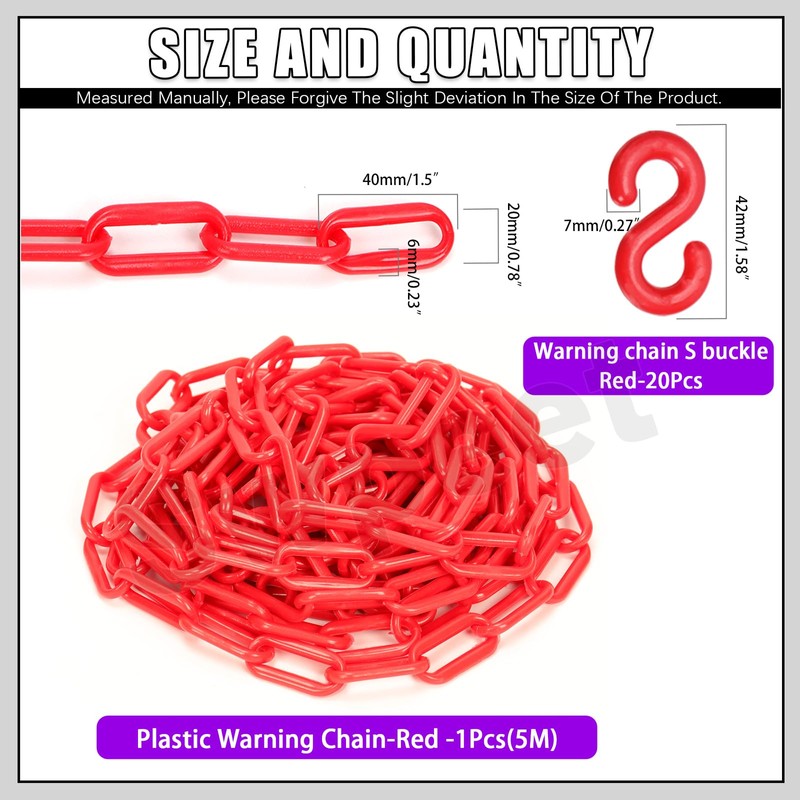 Swpeet 21Pcs 5M x 6mm Plastic Barrier Chain Red Plastic
