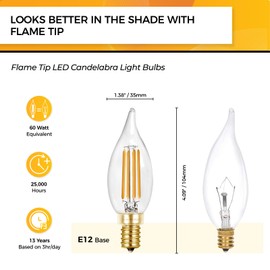Hizashi E12 Candelabra Bulb 60 watt 2700K Soft Warm White, Dimmable E12 LED Bulb, 90+ CRI 6W 550LM, CA11 Flame Tip LED Chandelier Light Bulbs Candelabra Base, UL Listed - 6 Pack