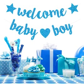 bng-bng Baby Shower Decorations Welcome Baby Boy Banner Glitter Welcome Baby boy Home for Boys Newborn Birthday Party Hanging bunting Decorations Party Supplies Blue Pre-stung