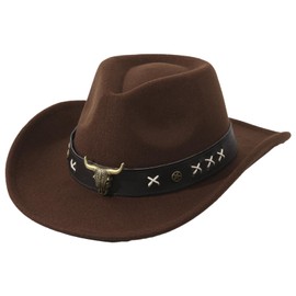 Vintage Western Cowboy Hat with Leather Bull Head Band Wool Felt Wide Brim Stylish Cowboy Hat for Men and Women Elegant Breathable Sun Protection Durable Cowboy Accessories Retro Design