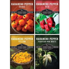 Survival Garden Seeds Habanero Pepper Seed Collection - 4 Packs of Red, Yellow, Orange, & Mini White Habanero Peppers for Planting - Non-GMO Heirloom Vegetable Seeds to Plant & Grow in a Home Garden