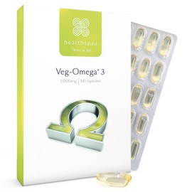 Healthspan Veg-Omega 3 1,000mg | 60 Capsules | Support Brain, Eye and Heart Health | Vegan Algal Source | No Fish | Omega 3 Fatty Acids DHA & EPA | Non-GMO | Vegan