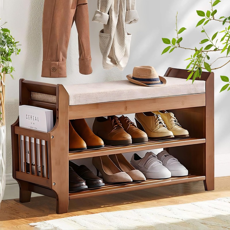 PETKABOO 2 Tier Shoe Bench, Bamboo Shoe Rack Bench, Shoe