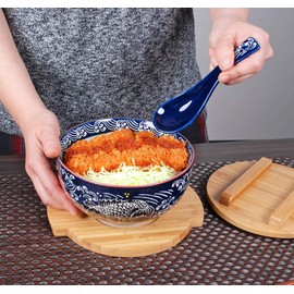 Happy Sales HSKM-KOIRB5, Japanese Kamameshi Vintage Style Rice Noodle Ramen Bowl with Bamboo Lid Trivet Chopsticks and Porcelain Spoon Bowl Set, Koi
