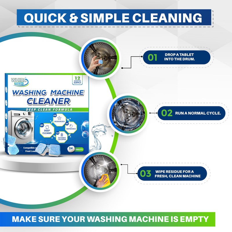 Whirl Fresh Washing Machine Cleaner Tablets, 24 Pack–Deep Cleaning Tablets