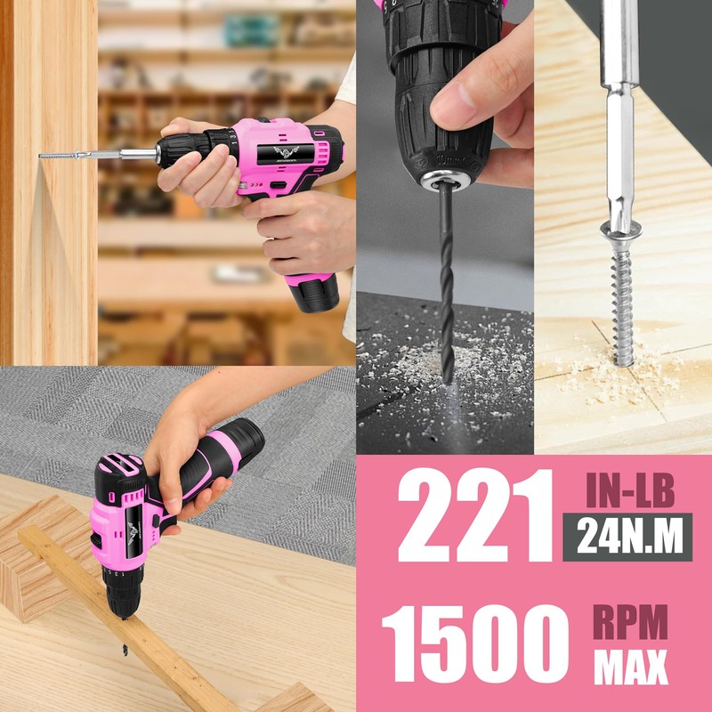 JENABOM Pink Tool Set - 12V Cordless Drill Kit, 151