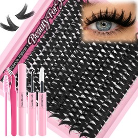 DIY Lash Extensions Kit, Volume Lash Clusters Kit Wispy Cluster Eyelash Extensions Kit, Fluffy Individual Lashes 10-16mm D Curl with Lash Bond & Seal Tweezers Brush for Party Dramatic Look