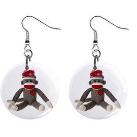 Sock Monkey Dangle Button Earrings Jewelry 1 inch Round 26402362