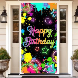 Avezano Glow Neon Birthday Door Cover Glow in The Dark Photo Door Banner Graffiti Splash Paint Neon Birthday Party Decorations