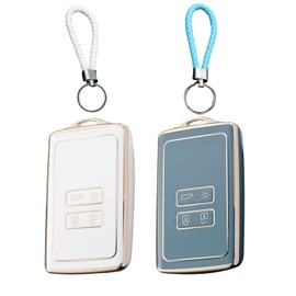 Bamyli 2Pcs Car Key Covers For Renault,4 Buttons Key Fob for Renault,TPU Key Card Case Shell Compatible with Renault Fluence Duster Dacia Megane Kadjar-Clio Captur Espace with Keychain (White+Grey)
