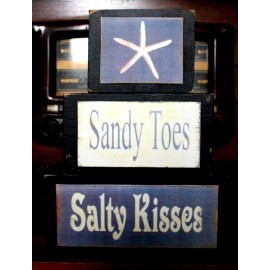 Handmade Sandy Toes Salty Kisses Country Primitive Rustic Stacking Blocks Wooden Sign Set