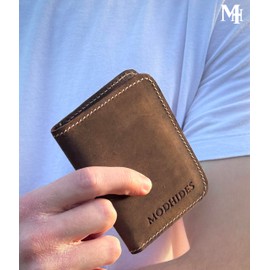 MODHIDES Genuine Leather Card Holder for Men & Women | Slim Bi-Fold Wallet with ID Window | Handcrafted Premium Bovine Hunter Leather | Rustic Brown