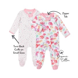 HonestBaby Baby 2-Pack Sleep and Play Footed Pajamas One-Piece Sleeper Jumpsuit Zip-Front Pjs Organic Cotton Girls, Unisex Toddler, Rose Blossom/Love Dot, 6-9 Months (Pack of 2)