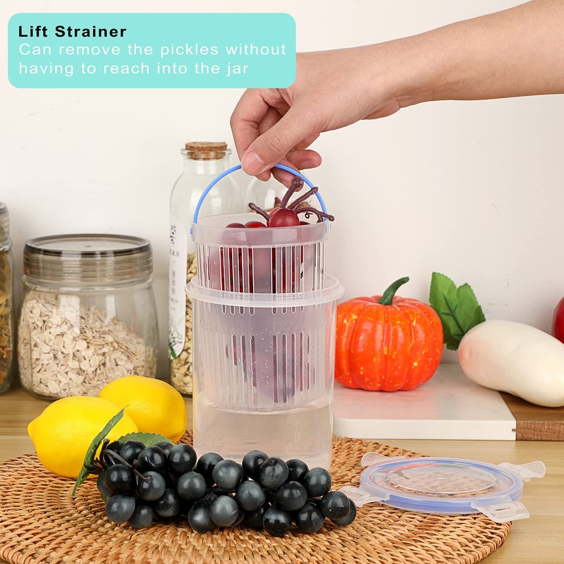 JUXYES Plastic Pickle Container Jar with Strainer Flip, Transparent Pickle