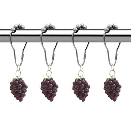 Decorative Grape Shower Curtain Hooks Rings for Bathroom Shower Rod - Rust Proof Metal Stainless Steel Curtain Ring Set of 12 with Resin Grape Pendant Fruit Collection Style Theme Bathroom Decor
