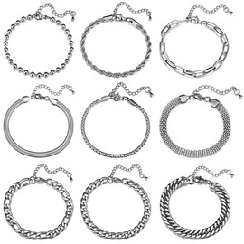 Cupimatch 9 pcs Stackable Cuban Paperclip Beaded Link Chain Bracelet Set Adjustable Stainless Steel Chunky Cable Snake Wrist Bracelets Jewelry for Women Men
