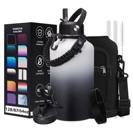 32/40/64/128 OZ Vacuum Insulated Water Bottle - Keep Hot Cold Vacuum Gallon Flasks with Straw & Spout Lids, Paracord Handle, Stainless Steel Water Jug - Color: White Black Gradient, Size: 64oz